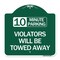 Signmission 10 Minute Parking Violators Will Towed Away, Green & White Aluminum Sign, 18" x 18", GW-1818-24641 A-DES-GW-1818-24641 - alternate 1